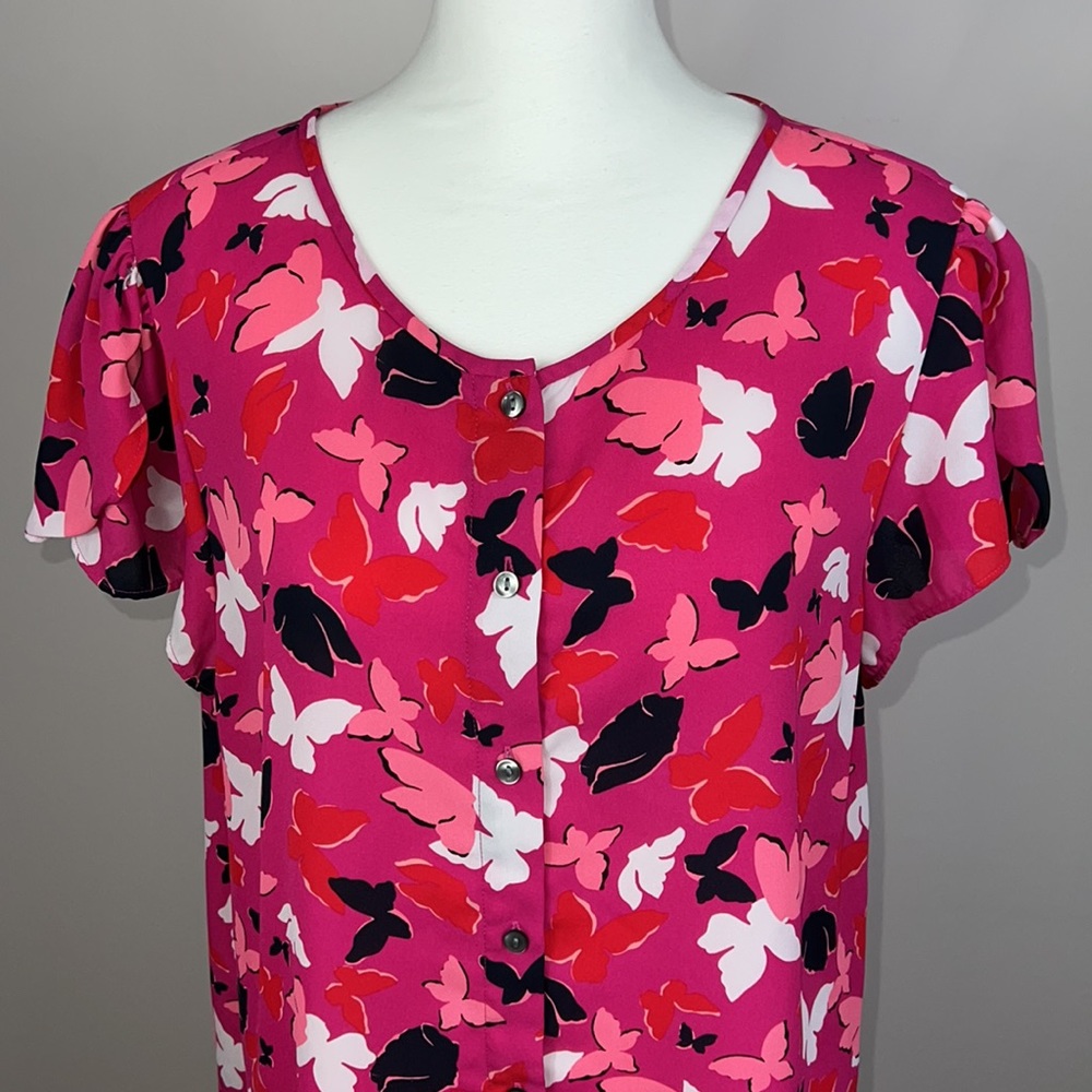 Ann Taylor Pink Butterfly Button Up Short Sleeve Top Blouse Size Large - Picture 2 of 8